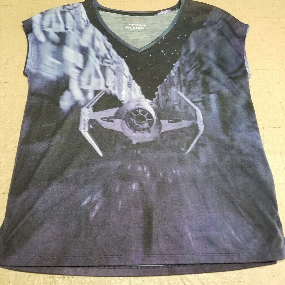 Rock & Republic Women Star Wars Top Blue Size Small T-Shirt Graphic Tie Fighter - Picture 6 of 10